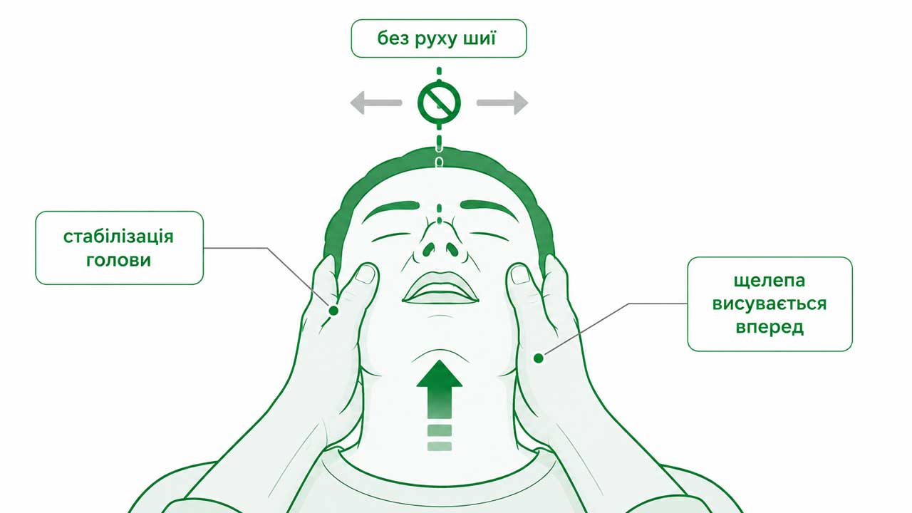 Маневр висування щелепи (jaw thrust) при підозрі на травму хребта: руки стабілізують голову, щелепа висувається вперед без руху шиї 