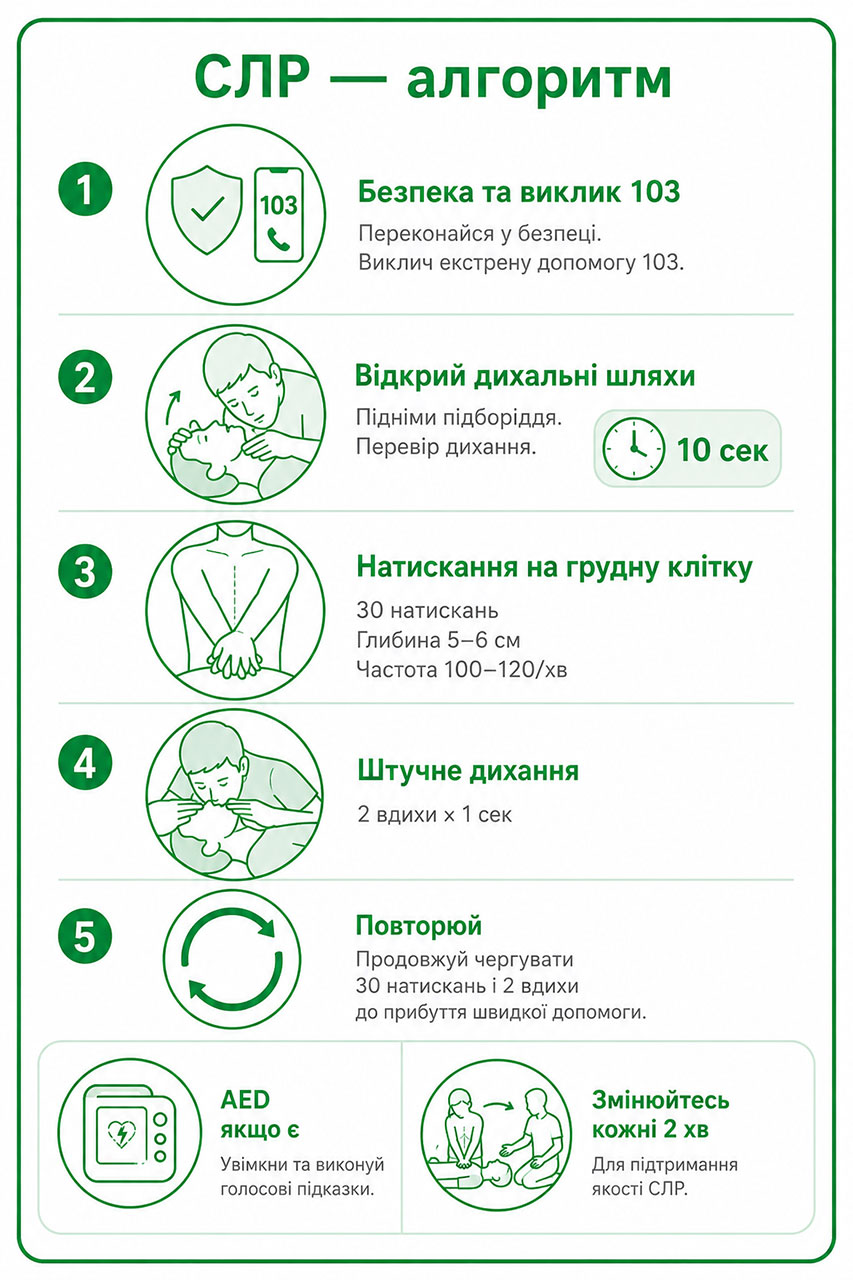 Кишенькова картка алгоритму СЛР: 5 кроків — безпека, оцінка дихання 10 сек, 30 натискань, 2 вдихи, повторювати 