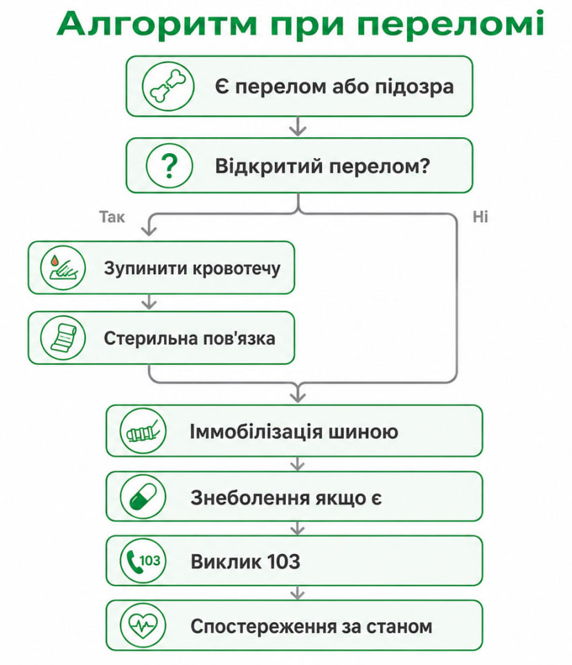 Алгоритм дій при переломі: дерево рішень — відкритий чи закритий, зупинка кровотечі, іммобілізація шиною, знеболення, виклик 103 
