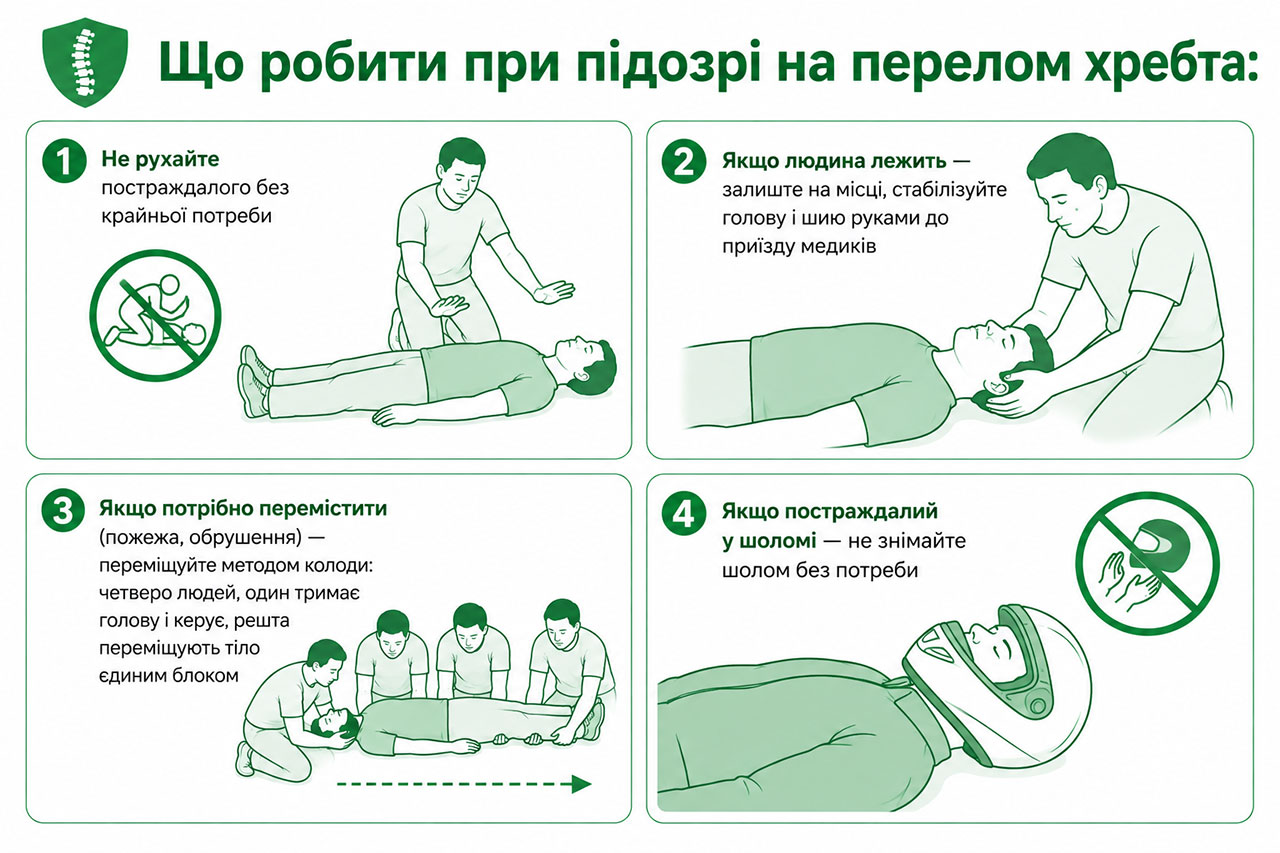 Шо робити при підозрі на перелом хребта — схематична медична ілюстрація